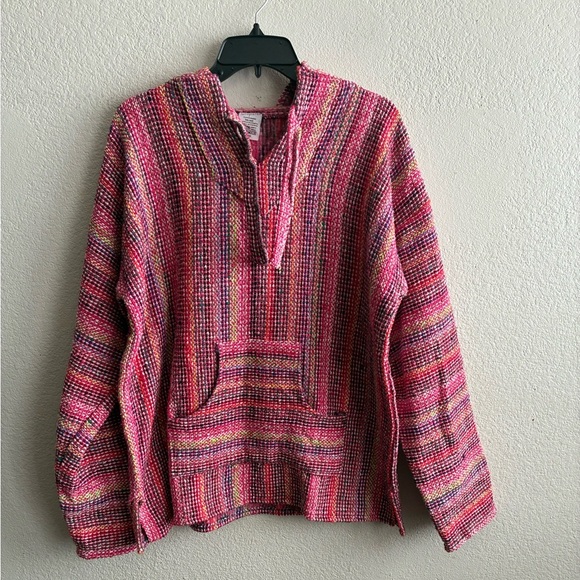 Boho Multicolor Striped Women's Artisanal Rug Hoodie L - Picture 2 of 9
